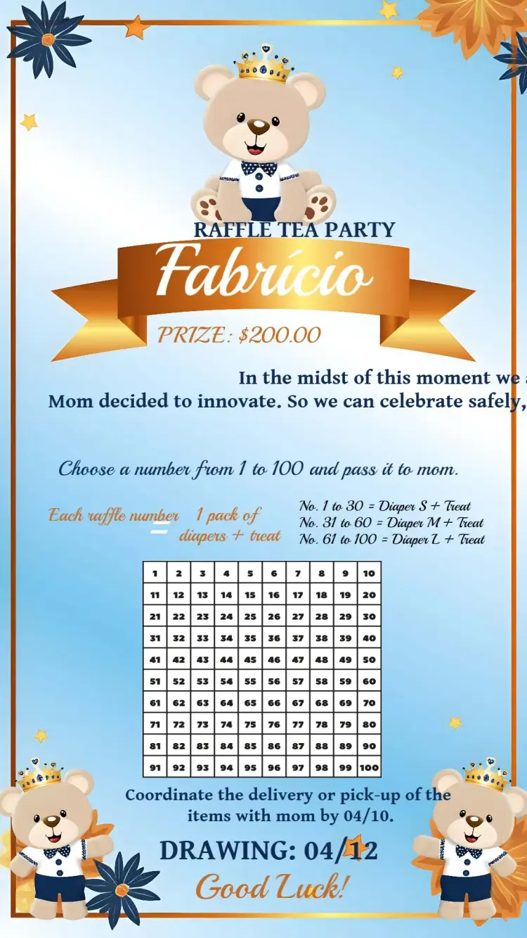 Golden Prince Teddy Bear Raffle Tea invitation