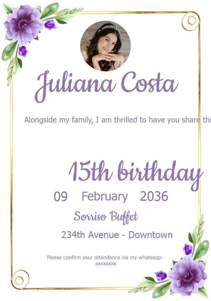 Invitation 15 Years Lilac Floral Invitation With Green Photo – Sweet 15 theme floral, romantic, elegant, modern, golden, youthful