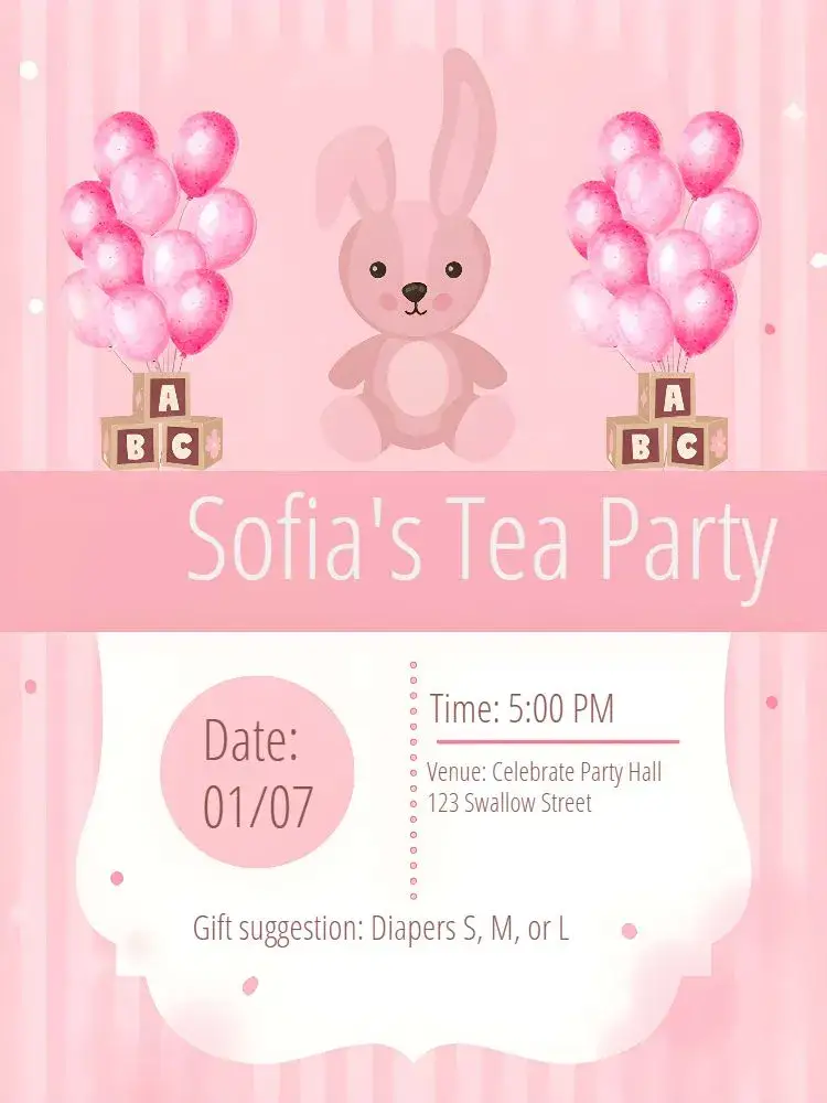 Invitation Diaper Shower Pink Bunny Balloon – Diaper Shower theme bunny theme, pink, colorful balloons, stripes, fun, childish