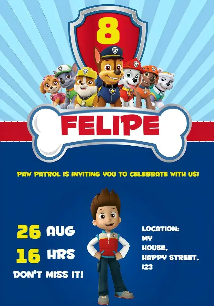 Invitation Blue Paw Patrol – Kids' Birthday Party theme children's, adventure, colorful, fun-filled, themed, lively