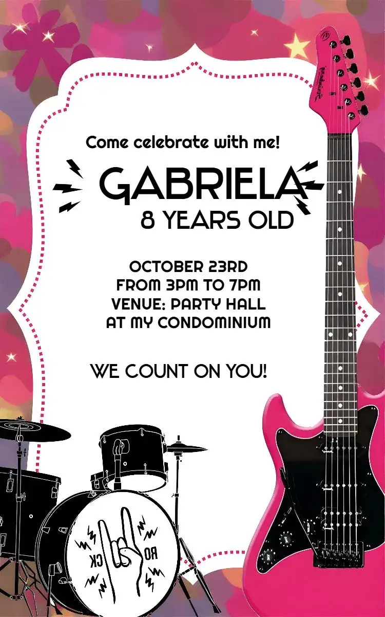 Invitation Rock Band Girls Instruments – Most searched for theme vibrant, modern, musical, colorful, rock n roll, fun