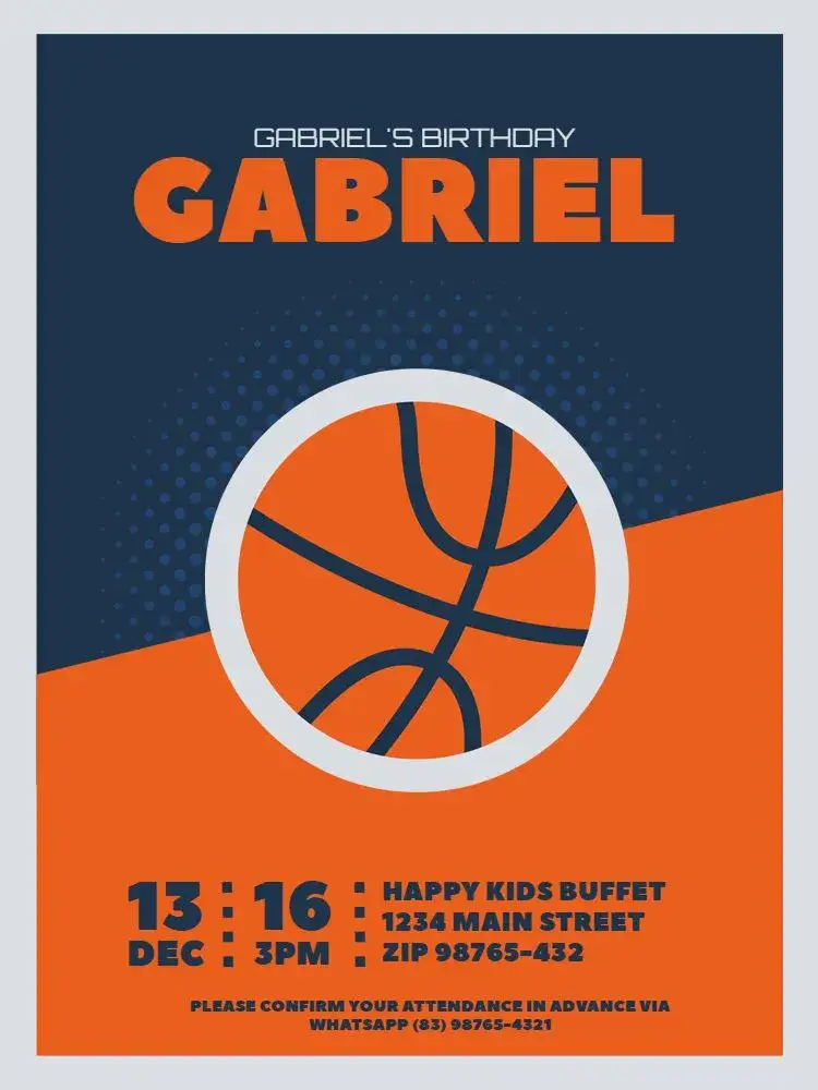 Invitation Blue And Orange Basketball Boy – Kids' Birthday Party theme modern, sporty, vibrant, childlike, colorful