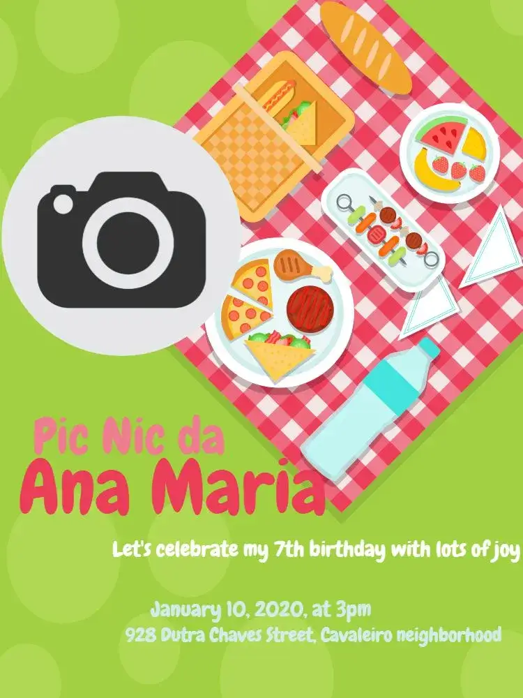 Invitation Children's Picnic – Kids' Birthday Party theme colorful, fun, nature-themed, childlike illustrations, fruity, animals