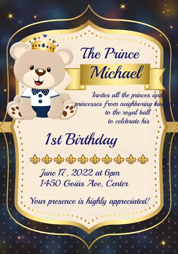 Invitation Golden Prince Teddy Bear – Most searched for theme blue, golden, children's, elegant, modern, cute