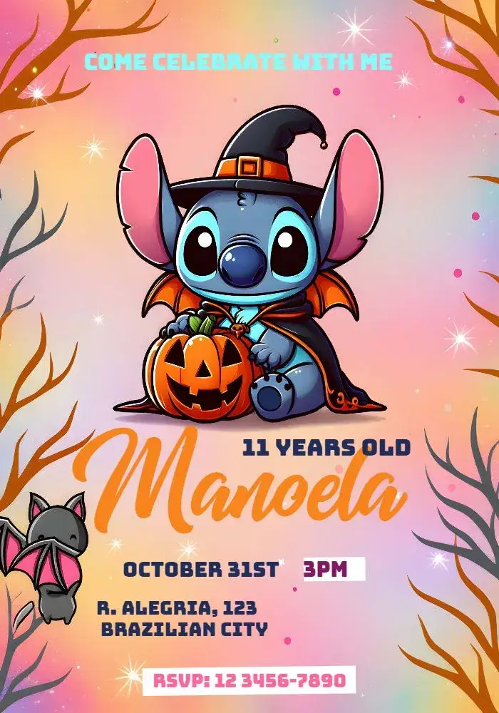 Invitation Halloween Stitch Bat – Commemorative Dates theme colorful, fun, themed, whimsical, cheerful