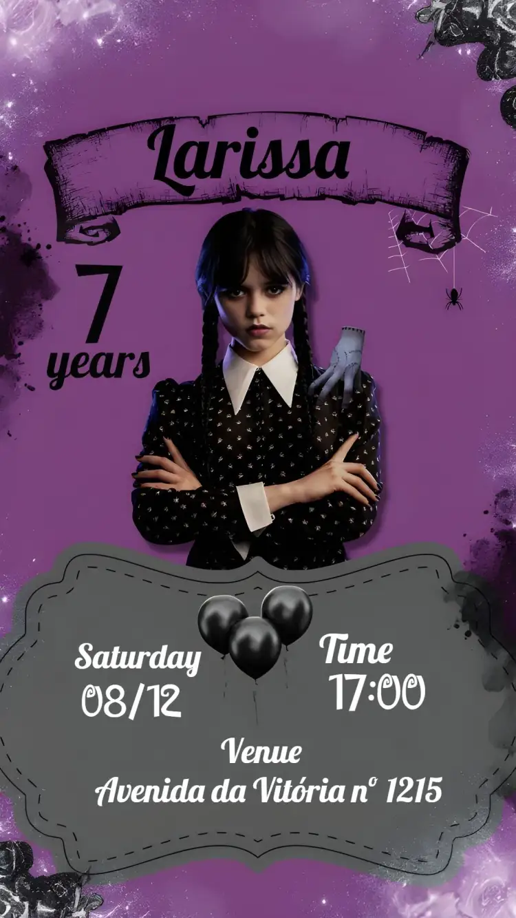 Invitation Wandinha Addams Purple – Most searched for theme purple, dark, fun, gothic, character illustrations, themed party