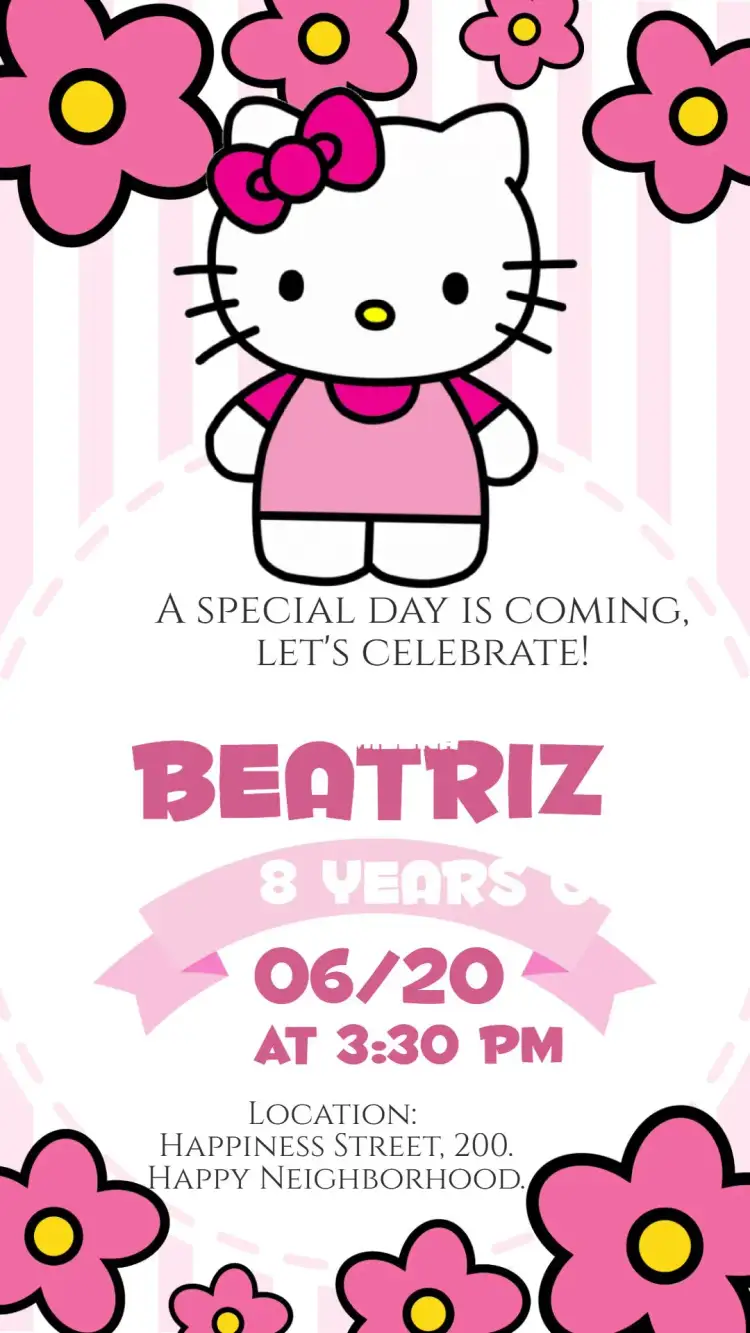 Invitation Hello Kitty Birthday – Kids' Birthday Party theme pink, floral, childish, playful, vibrant, colorful