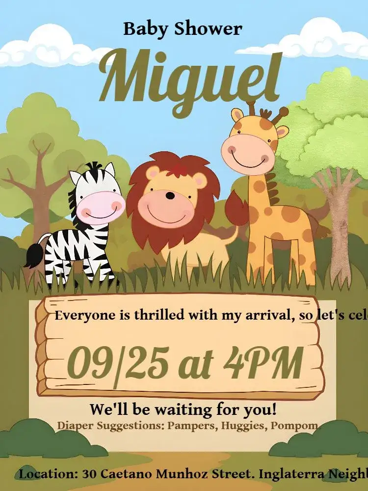 Invitation Brown Safari Diaper Shower – Diaper Shower theme safari, jungle, animals, brown, green, fun