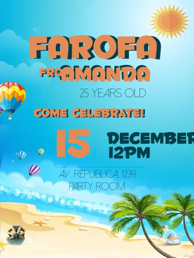 Invitation Farofa Gkay – Bridal Shower theme tropical, colorful, modern, cheerful, beachy, relaxed