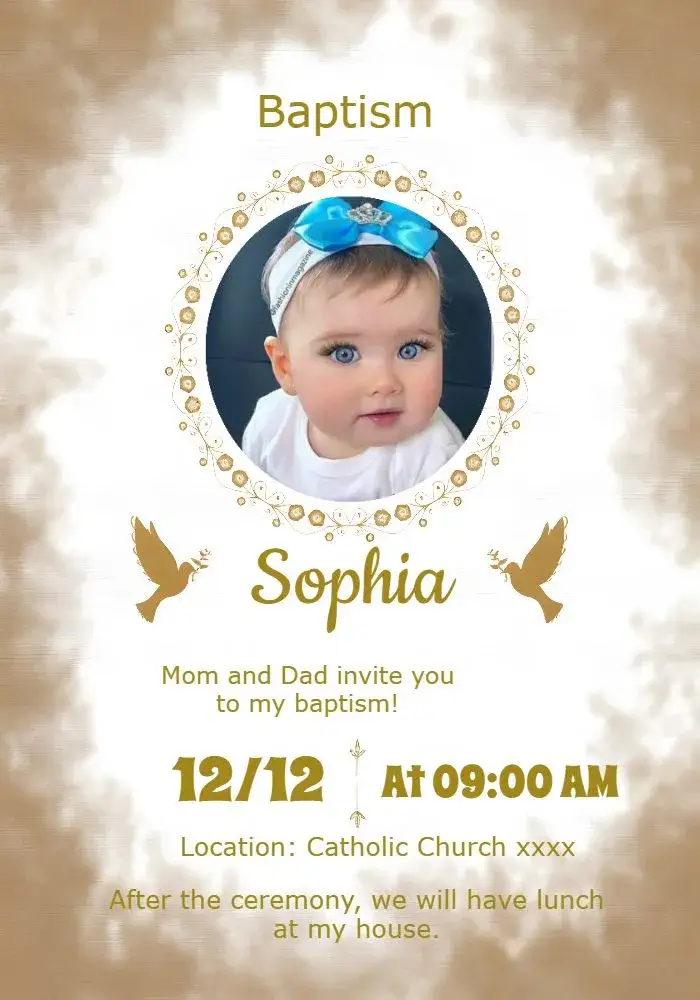 Invitation Baptism With First Photo – First Communion theme golden, white, minimalist, modern, childish
