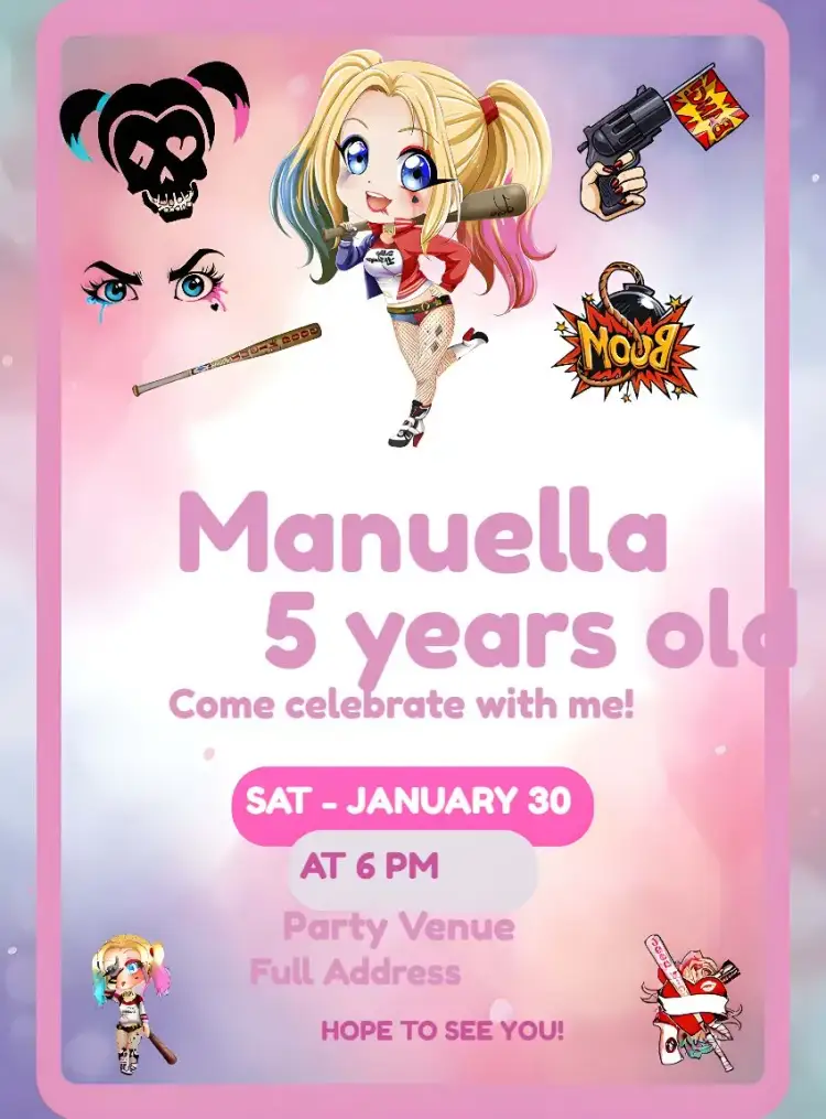 Invitation Arlequina Quinzel – Kids' Birthday Party theme pink, fun, comics, adventure, colorful, modern