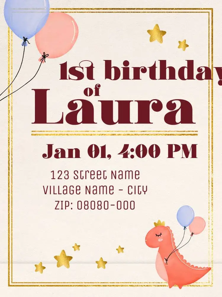 Invite Virtual 1 Year - Pink Dinosaur First Birthday editable and customizable