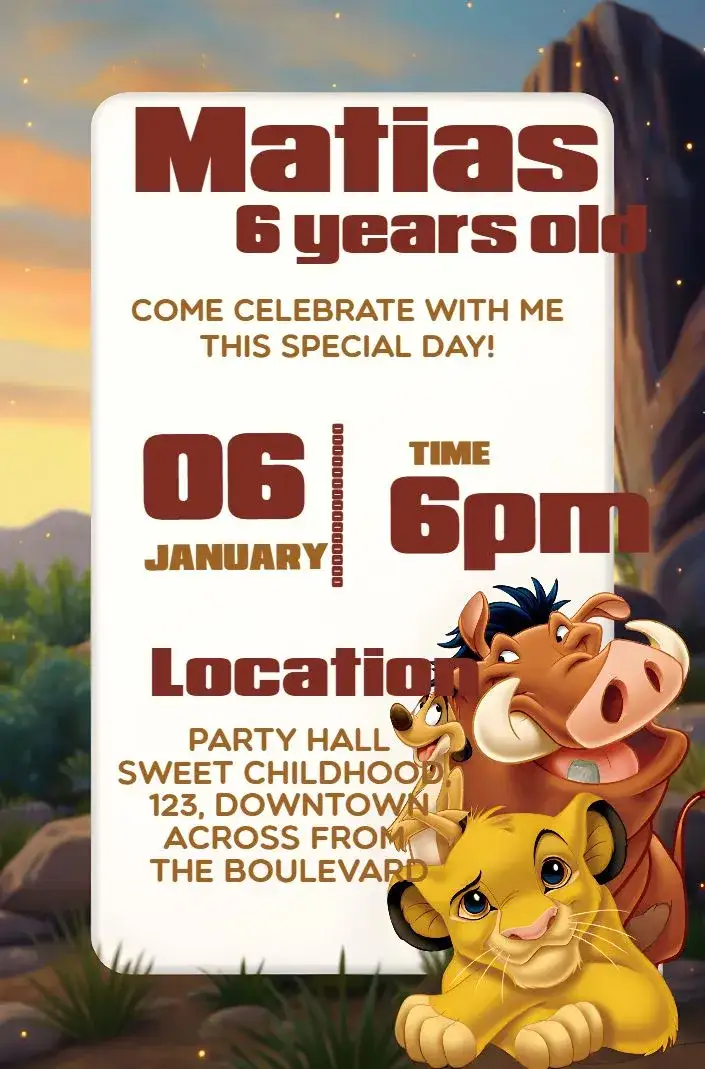 Invitation Timon Lion King – Kids' Birthday Party theme colorful, animal print, tropical, fun, children's, savanna