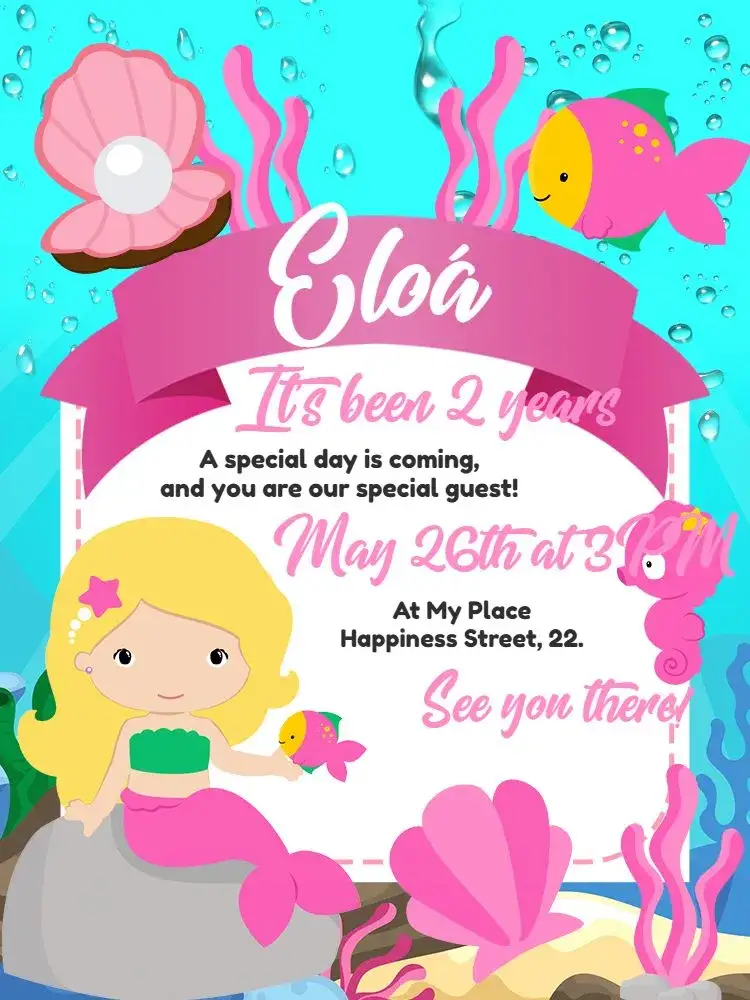 Invitation Mermaid Ocean Sea Bottom – Kids' Birthday Party theme underwater, colorful, fantasy, children's, marine