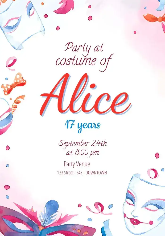 Invitation Woman Fantasy Party ā Commemorative Dates theme colorful, fun-filled, themed, vibrant, lively, carnival