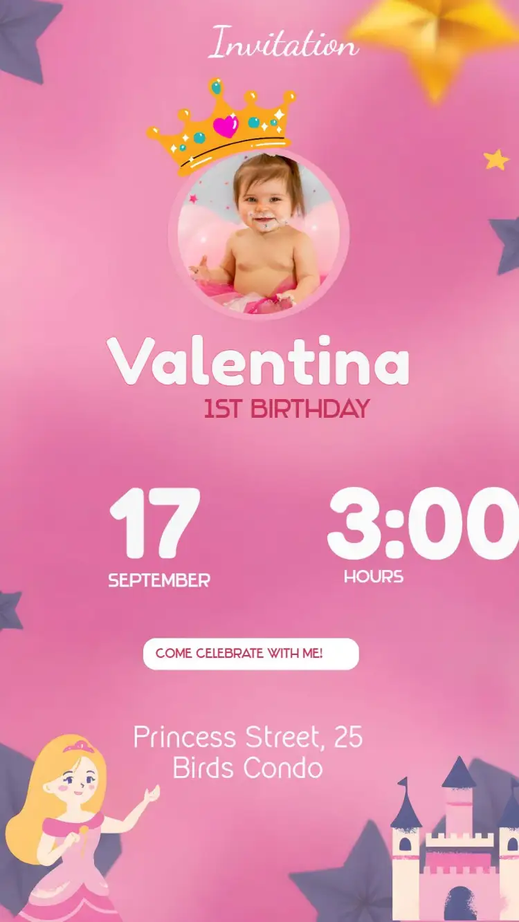 Invitation Princess With Photo Year – Commemorative Dates theme pink and white, princess, crown, stars, feminine, magical