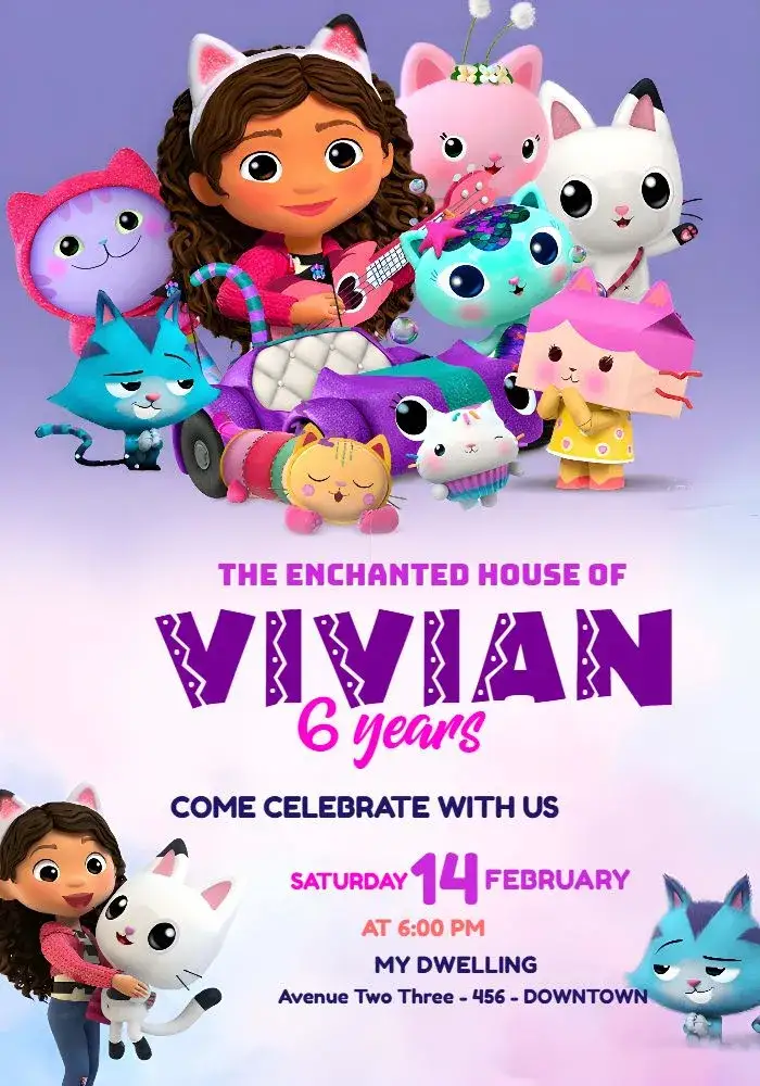 Invitation A Casa Mágica Da Gabby Party – Most searched for theme magical, children's, fantasy, lilac, purple, fun