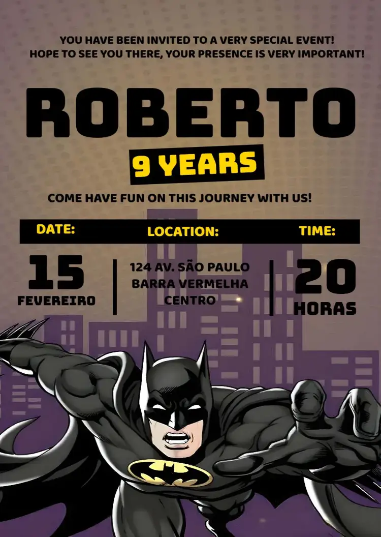 Invitation Batman Batman – Most searched for theme yellow, black, superheroes, adventure, children's, modern
