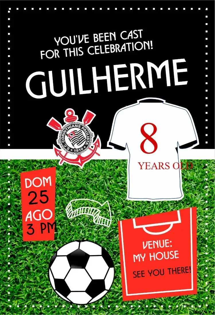 Invitation Corinthians shirt – Birthday theme sporty, vibrant, modern, soccer, supporter, jersey