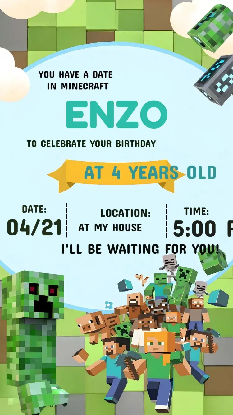 Invitation Minecraft Gamer – Kids' Birthday Party theme colorful, games, blocky, adventure, fun