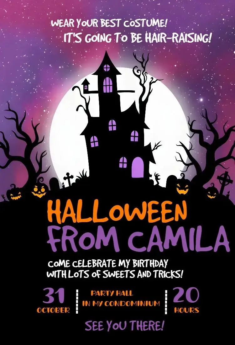 Invitation Halloween Witches – Commemorative Dates theme dark colors, vibrant orange, witch-themed graphic elements, mystical design, fun style, spooky theme