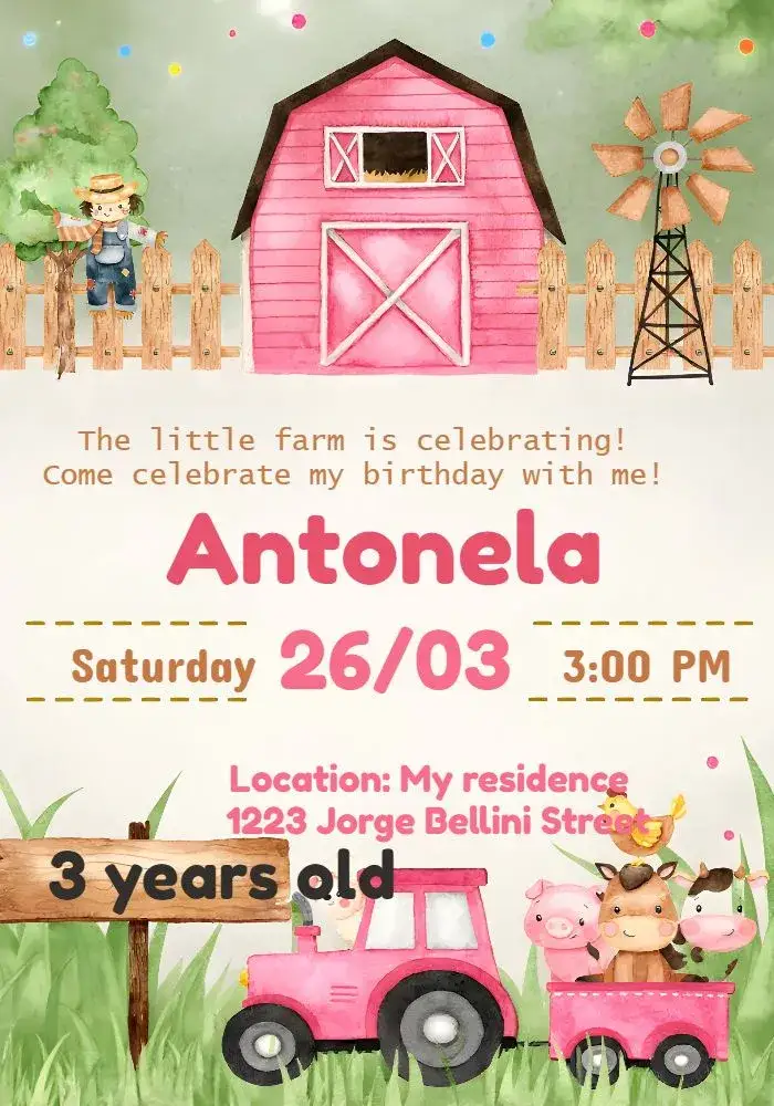 Invitation Pink Farm Animals – Most searched for theme rural, children's, colorful, playful, nature-themed