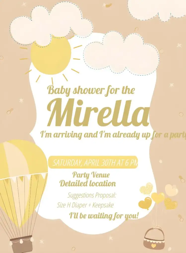 Invitation Baby Shower Diaper Balloon – Diaper Shower theme colorful balloons, vibrant yellow, fun design, childish elements, cheerful style, cute illustrations
