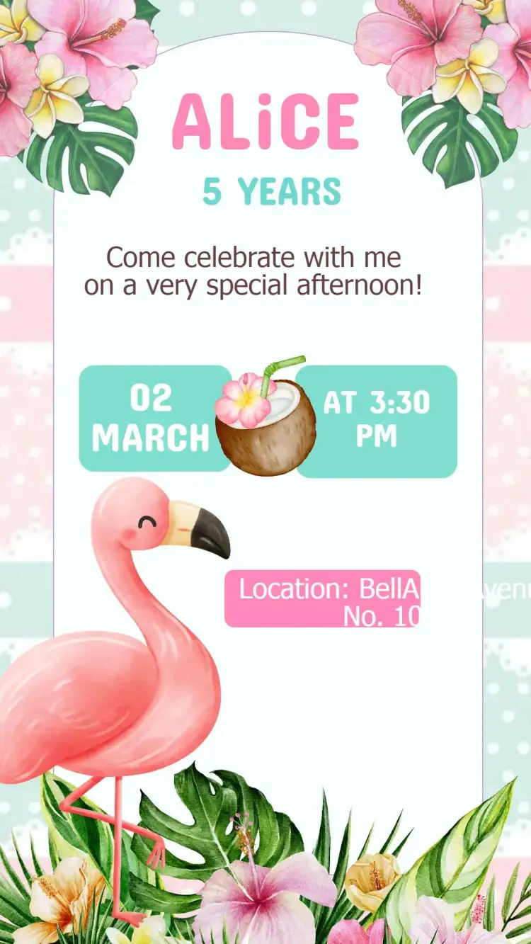 Invitation Flamingo Birthday Invitation – Kids' Birthday Party theme tropical, colorful, fun, animals, nature, watercolor