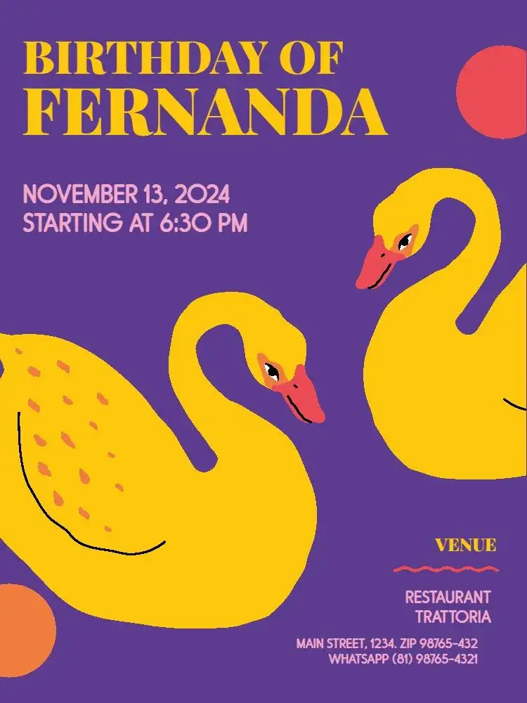 Invitation Female Adult Purple Yellow Swan – Kids' Birthday Party theme modern, elegant, colorful, minimalist, animal, themed