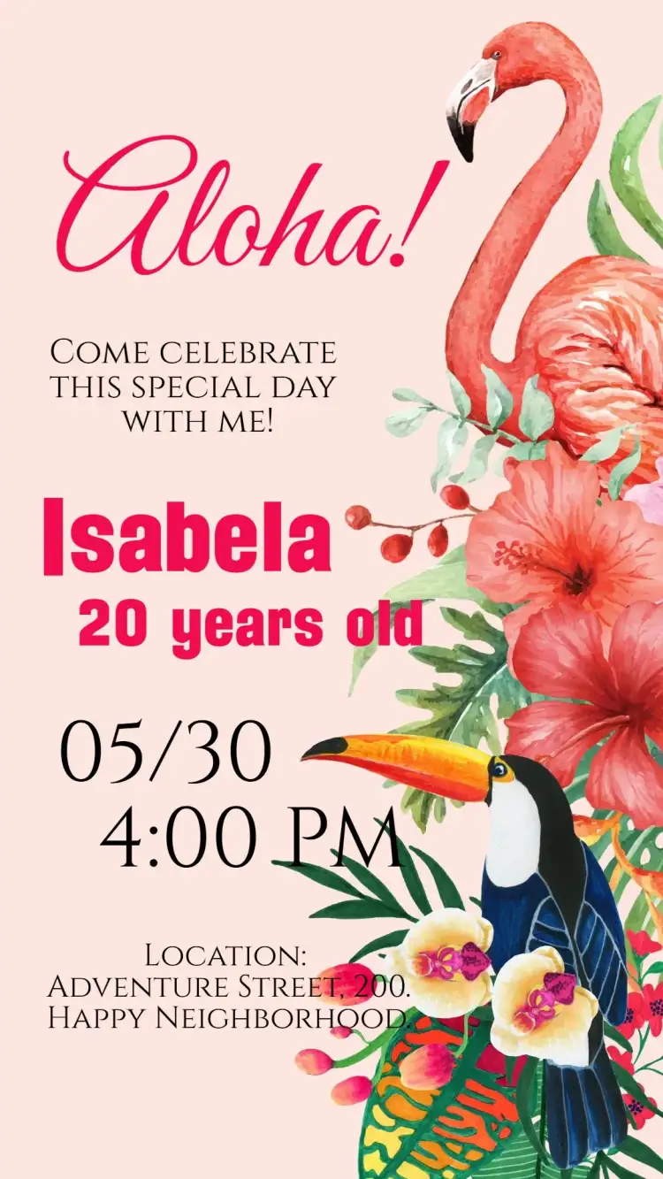 Invitation Luau Flamingo tropical digital invitation – Birthday theme tropical, flamingo, colorful, floral, aloha, vibrant