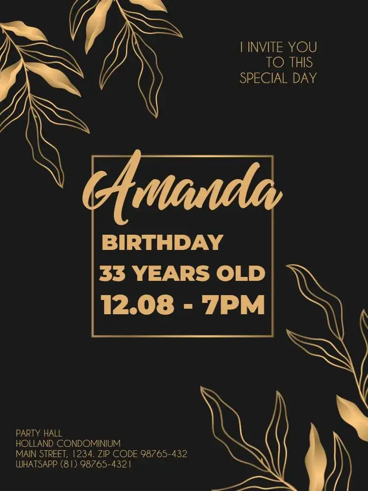Invitation Stylish Gold Elegant Female Adult – Kids' Birthday Party theme golden, elegant, floral, dark, modern