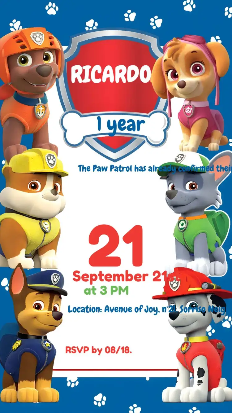 Invitation PAW Patrol Puppies – Kids' Birthday Party theme blue, colorful, themed, fun, modern