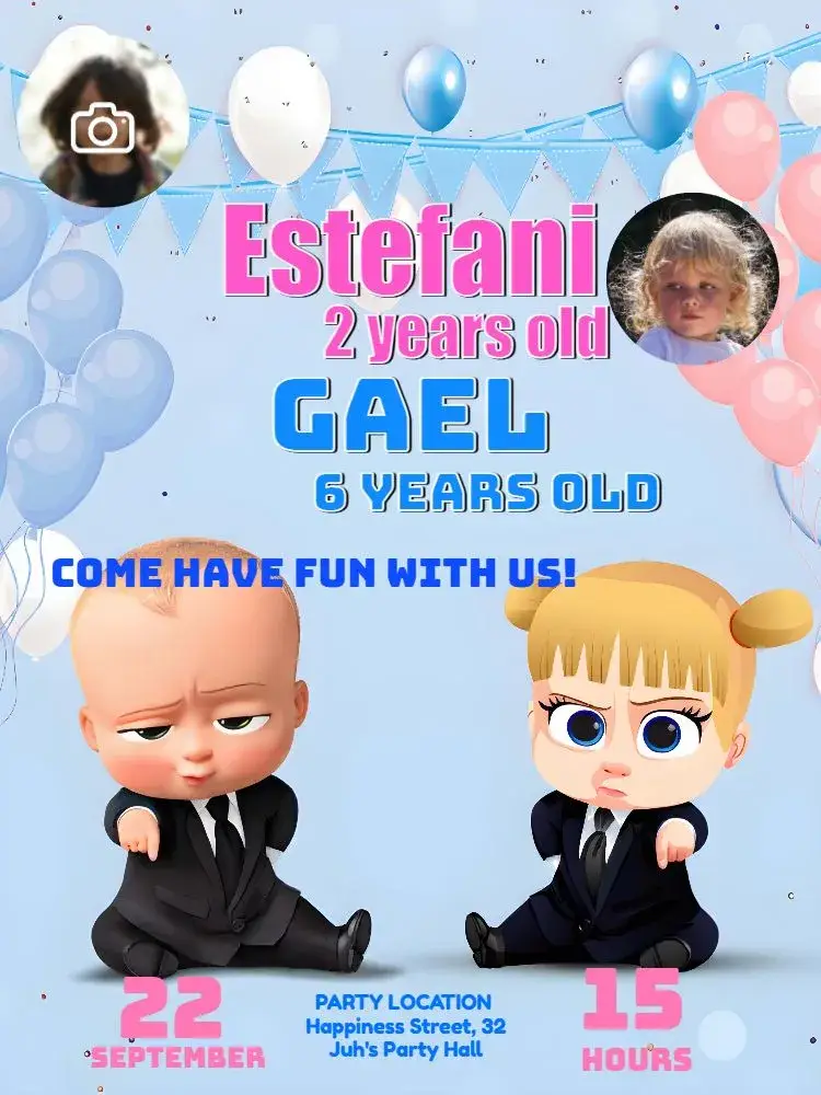 Double The Boss Baby And The Boss Baby Girl With Photo Party invitation