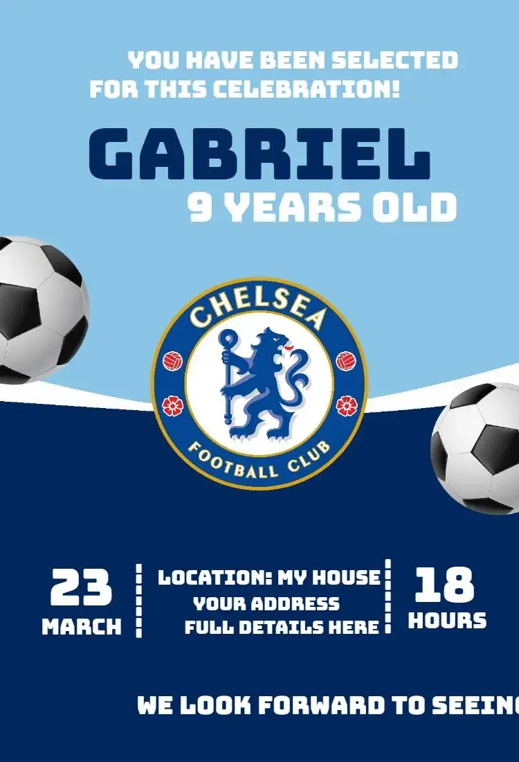Invitation Chelsea 3 – Birthday theme soccer, blue and white, dynamic, modern, sporty