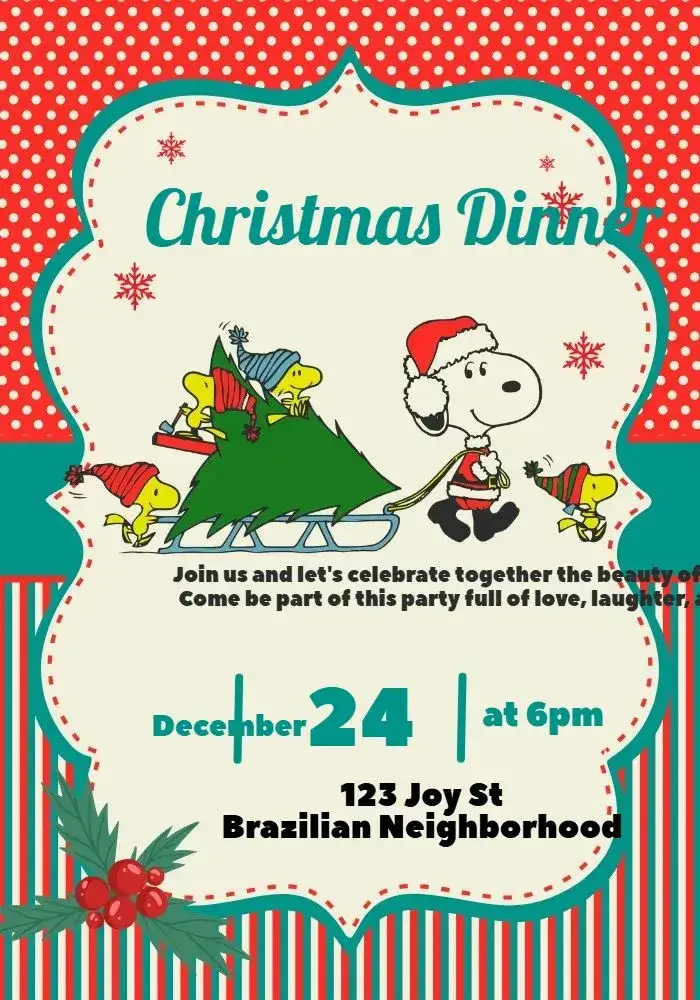 Invitation For Snoopy Christmas Dinner Gathering – Commemorative Dates theme red, fun, Christmas-themed, illustrations, Snoopy, Peanuts