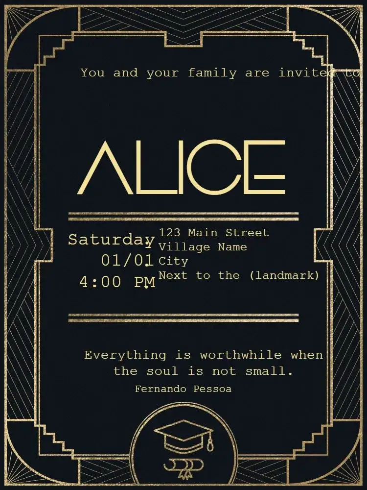 Invitation Virtual Graduation - Geometric Art Deco – Graduation theme geometric, art deco, golden, elegant, modern, sophisticated