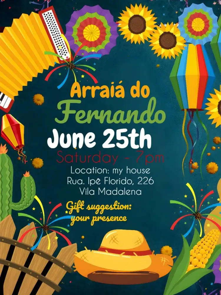 Invitation Colorful 'Arraiá – Commemorative Dates theme colorful, country-style, festive, vibrant, traditional, fun