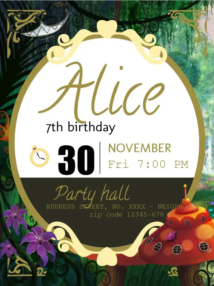 Invitation Alice Customized – Kids' Birthday Party theme colorful, fantasy-themed, playful, Disney-inspired, cheerful, childlike