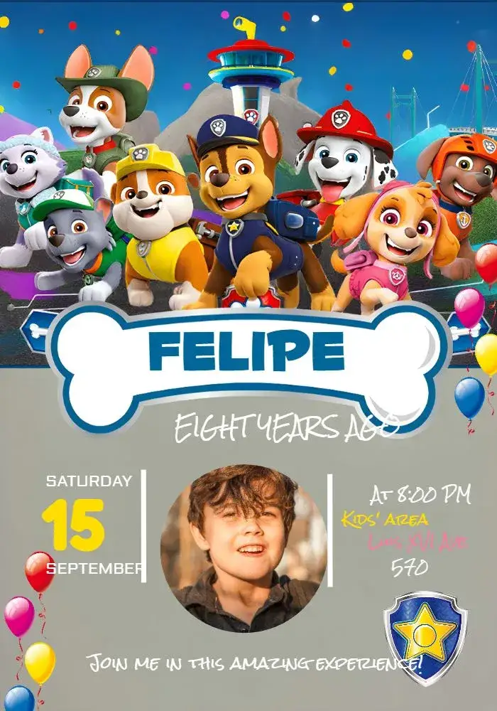 Invitation Blue Paw Patrol With Photo – Kids' Birthday Party theme blue, white, yellow, themed, fun, childish