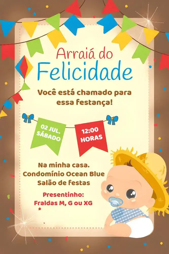 Invitation São João Yellow Arraiá – Commemorative Dates theme colorful, June-themed, traditional, festive, cheerful