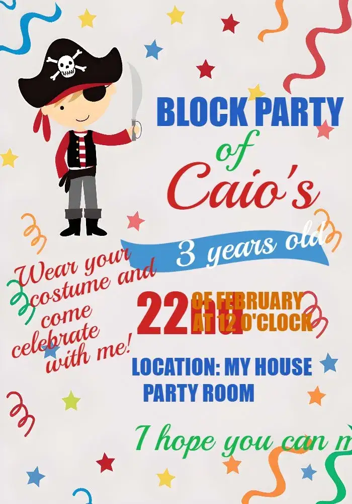 Invitation Carnival Block Party Boy – Commemorative Dates theme colorful, festive, fantasy-themed, fun-filled, child-friendly
