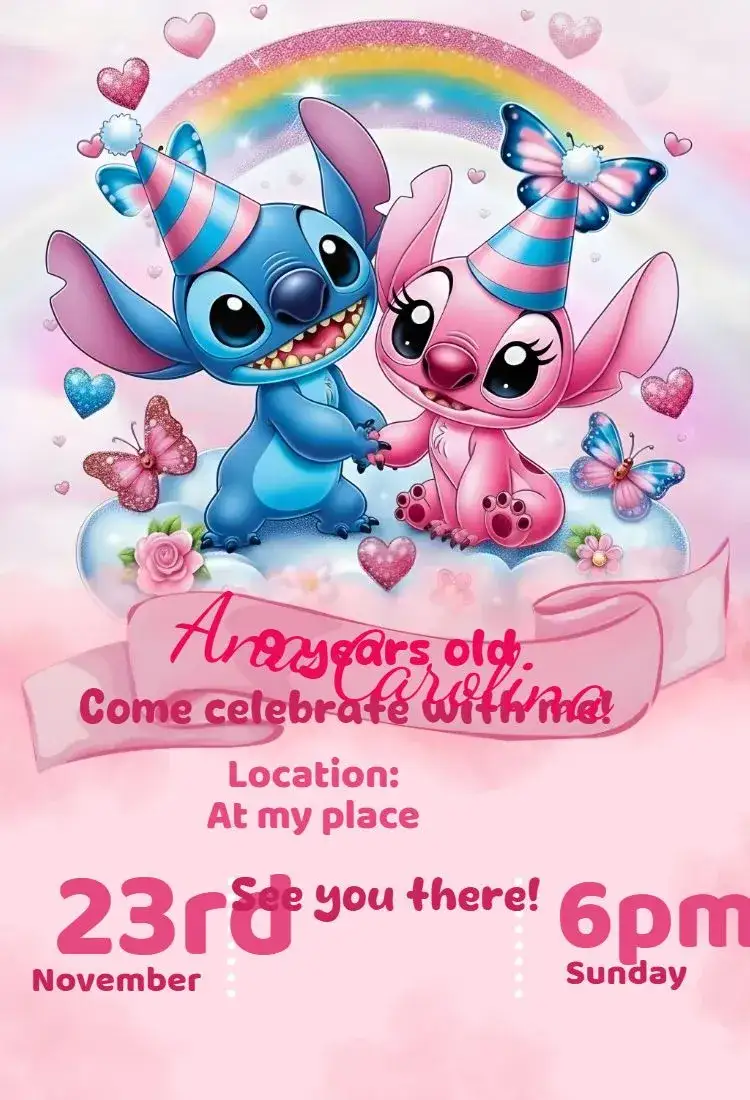 Invitation digital invitation stitch and angel – Birthday theme adorable, colorful, modern, fun, childlike, delicate