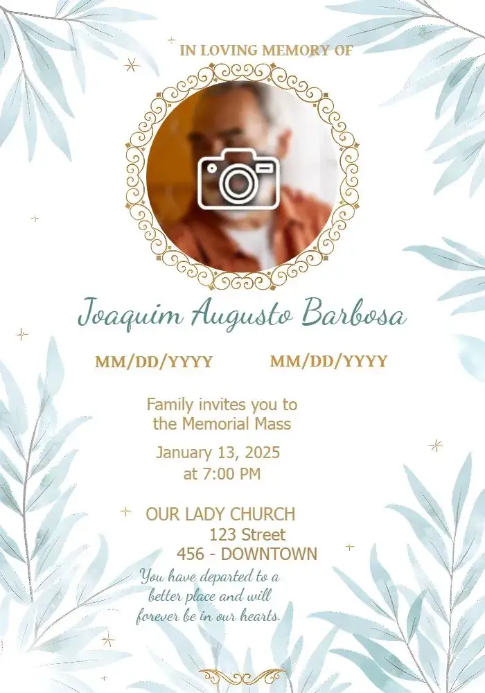 Invitation Funeral Mass With Star Photo – Commemorative Dates theme golden, blue, green, watercolor, minimalist, elegant
