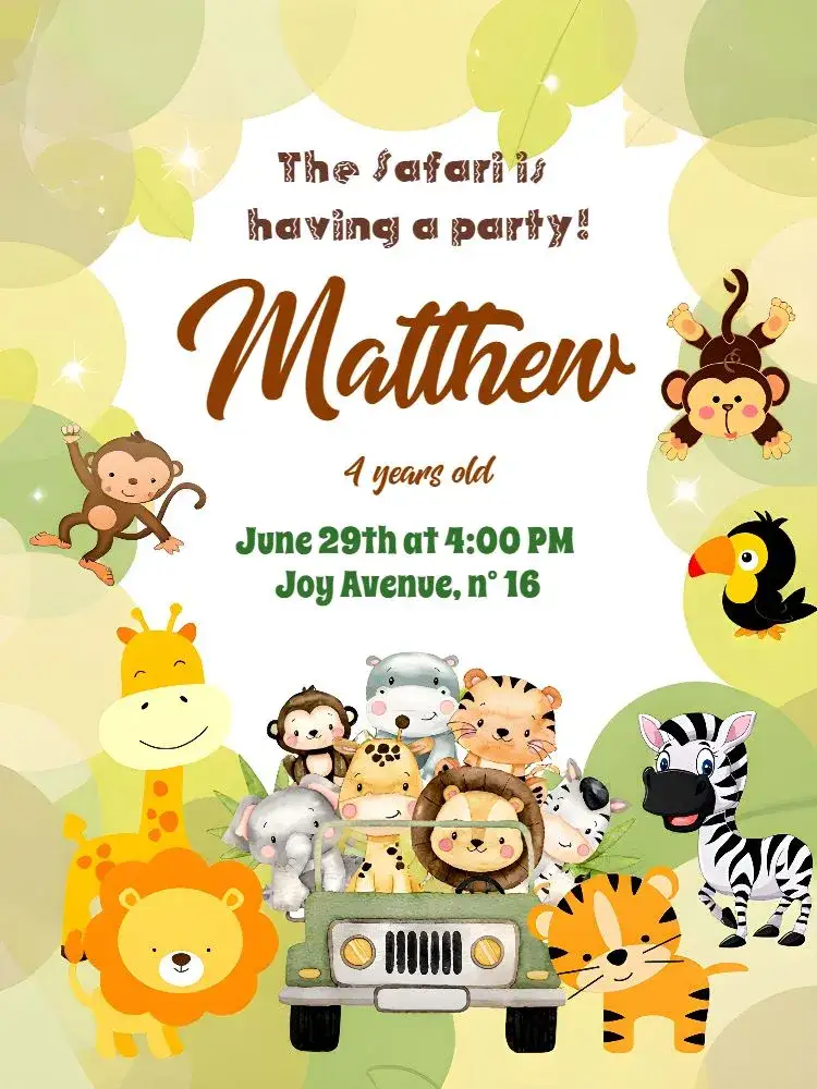 Invitation White Safari Jeep – Most searched for theme tropical, adventure, nature, fun-filled, colorful