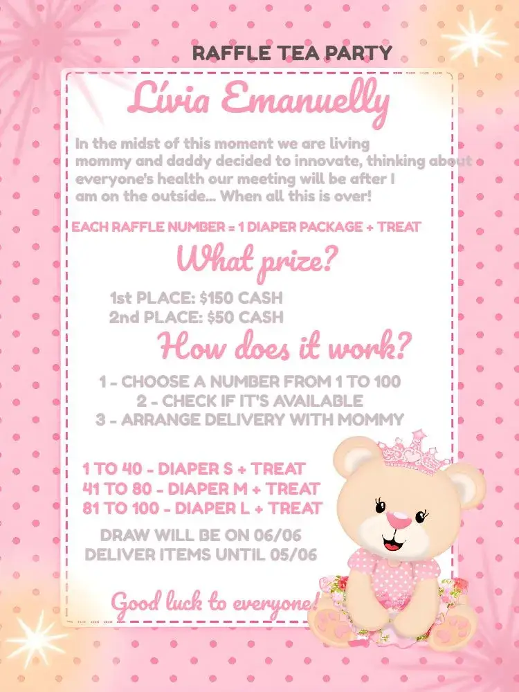 Invitation Princess Teddy Bear Tea Raffle 1 – Raffle Tea theme pink and gray, illustration of a little bear, delicate style, children's party, princess theme, neutral touches