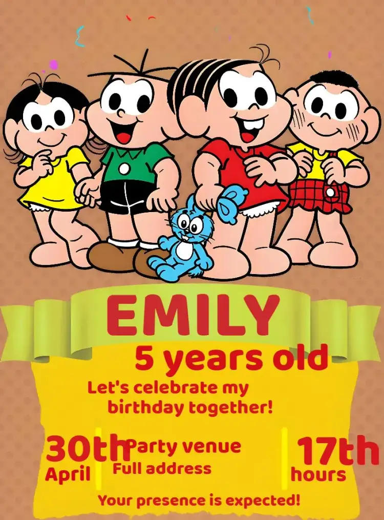 Invitation Turma Da Mônica Cebolinha – Kids' Birthday Party theme yellow, fun, childish, colorful, caricatures, themed