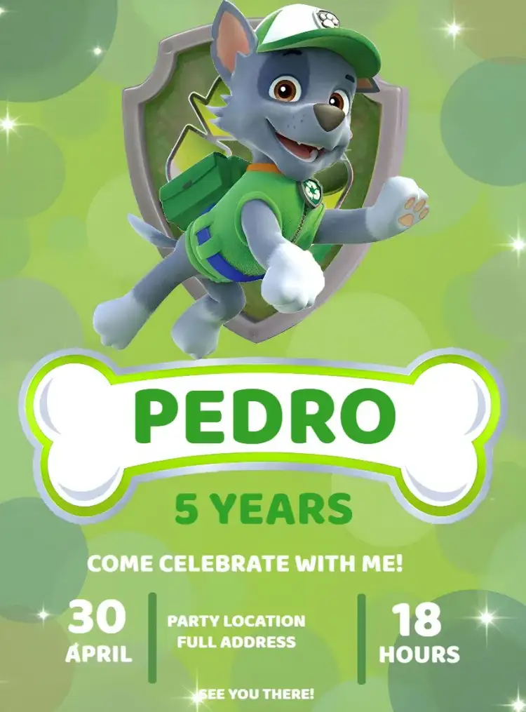 Invitation Paw Patrol Rocky Gray – Kids' Birthday Party theme gray, green, modern, fun, themed