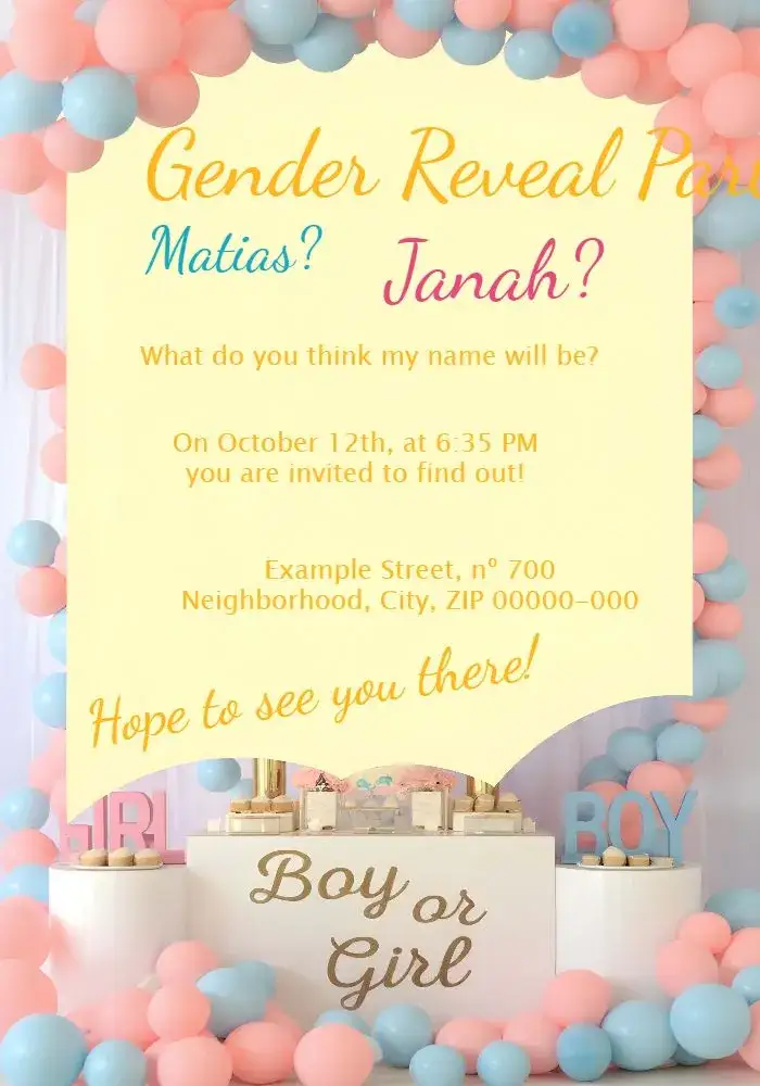 Invitation Boy Or Girl Gender Reveal Celebration – Gender Reveal theme modern, colorful, childish, playful, cheerful, minimalist