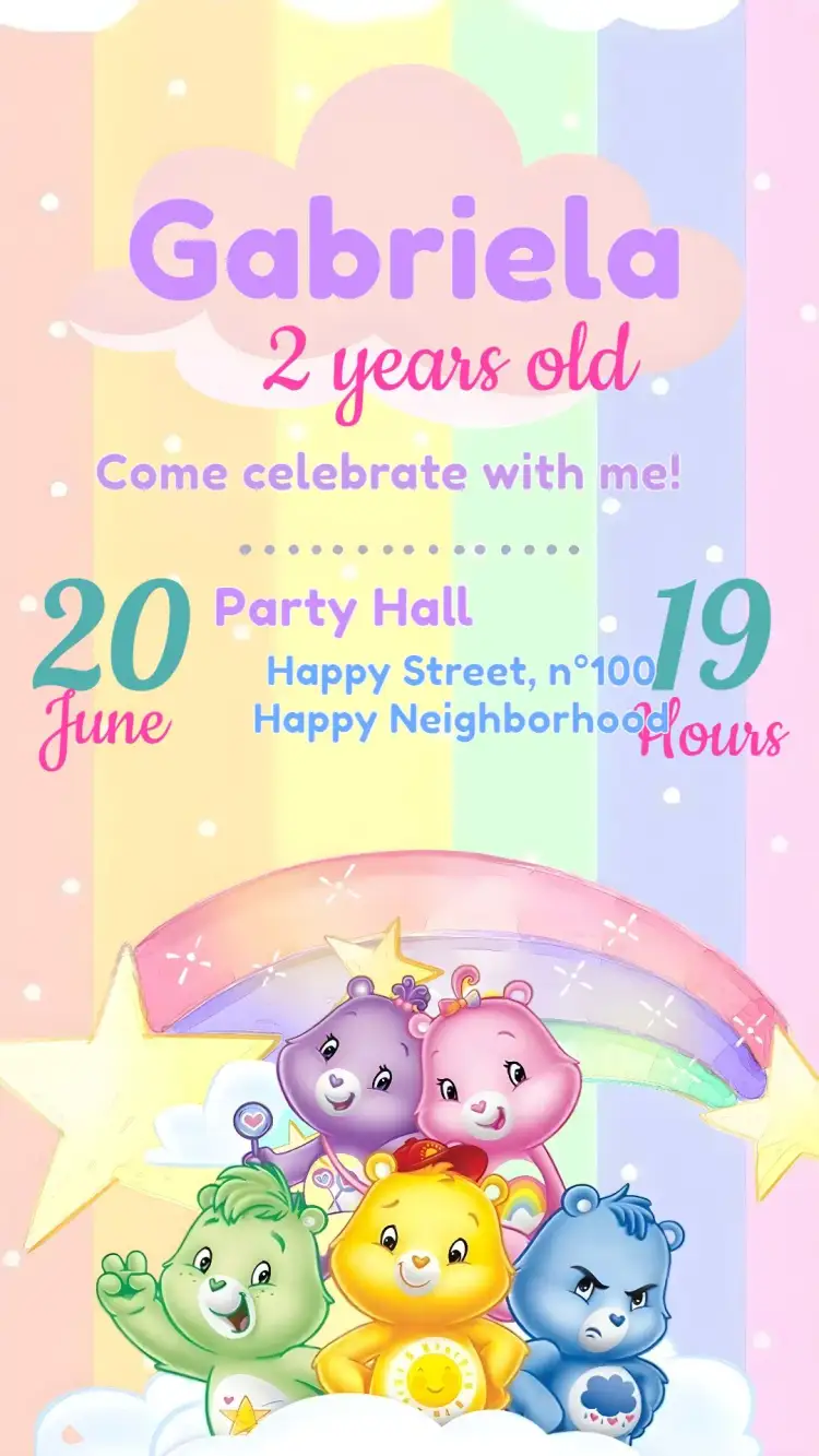 Invitation Care Bears Watercolor – Kids' Birthday Party theme colorful, watercolor, fun, cute, childlike illustration