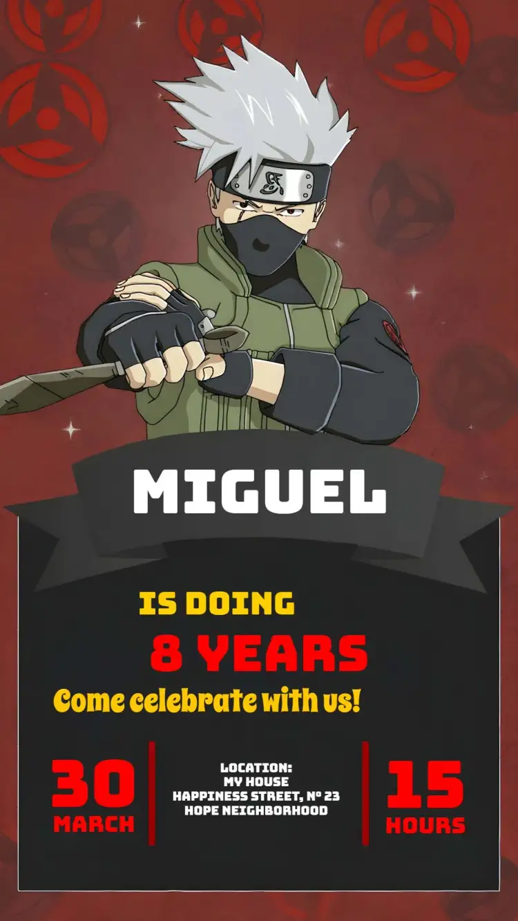 Invitation Kakashi Naruto Ninja – Kids' Birthday Party theme ninja, anime, moderno, vibrante, divertido, colorido